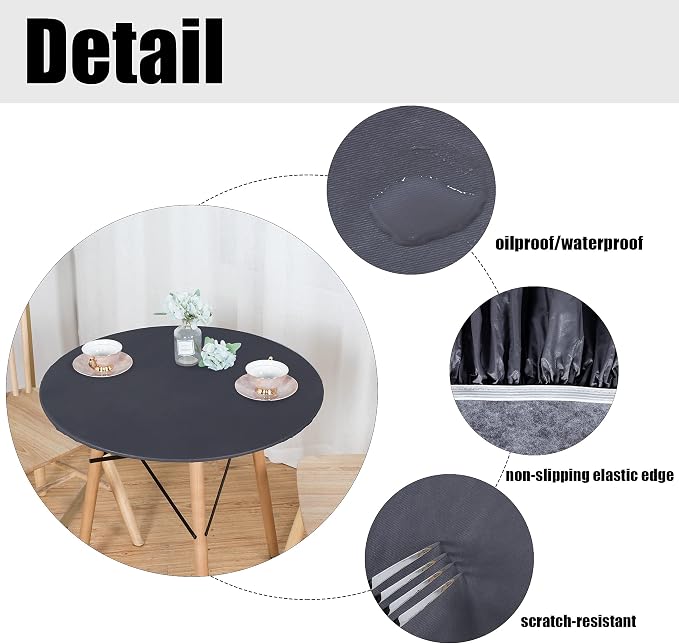 LUSHVIDA Round Waterproof Table Cover Elastic Vinyl Fitted Tablecloth Elastic Edged Plastic Table Cloth (Grey, Best for Up to 45"-56" Round)