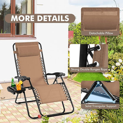 Giantex Zero Gravity Reclining Chair, Outdoor Patio Recliner with Cup Holder & Removable Pillow, Adjustable Backrest, Indoor Lounge Chair for Backyard, Garden, Poolside (Tan)