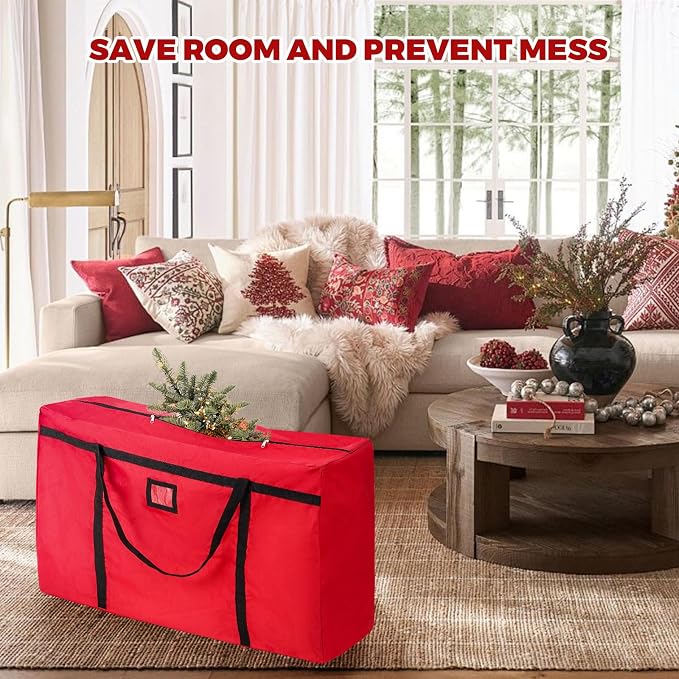 Christmas Tree Storage Bag, Fits Up 4 Ft / 5 Ft Tall Artificial Trees-Heavy Duty Holiday Storage Box with Durable Reinforced Handles & Zipper & Pocket- 600D Oxford Tree Storage Container, Red
