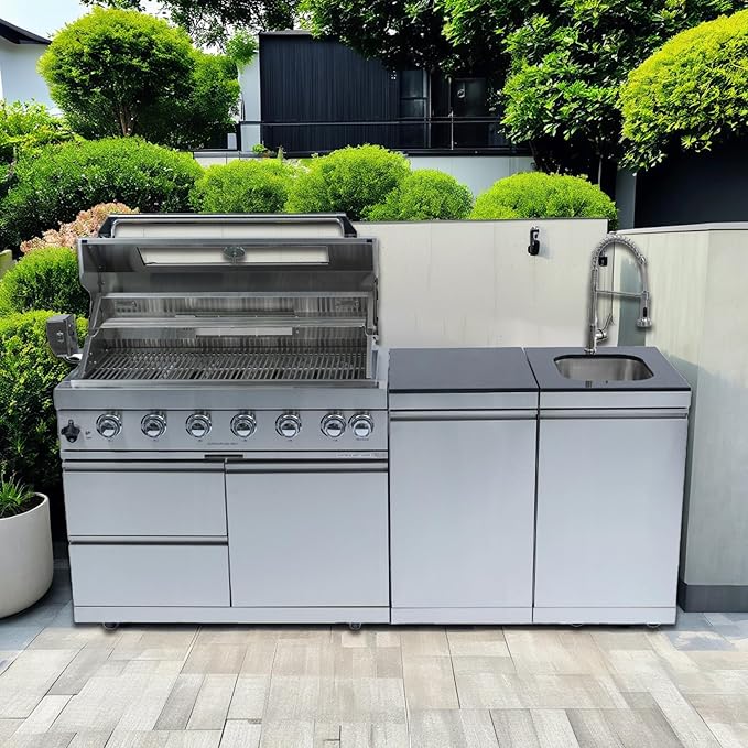 82" Modular Outdoor Kitchen Island with Grill, 6-Burner 85,000 BTU Propane BBQ Island, Separate Sink & Prep Station, for Backyard and Patio Cooking, Silver