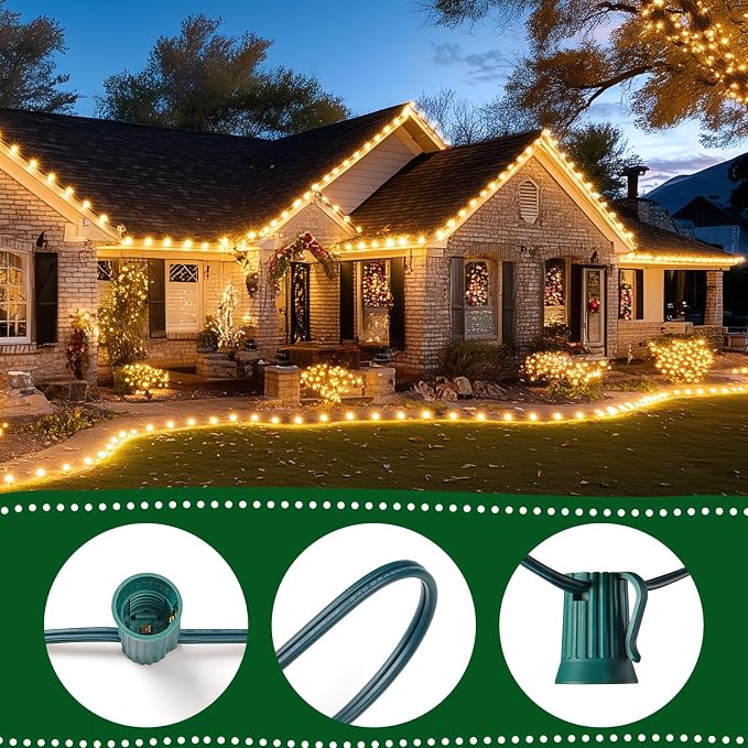 C9 Clear Christmas String Light Set, 100 Feet Vintage Christmas Tree Lights, Outdoor Roofline String Lights with 100 Clear Bulbs for Patio Garden Holiday Indoor Wedding Home Decorating, Green Wire
