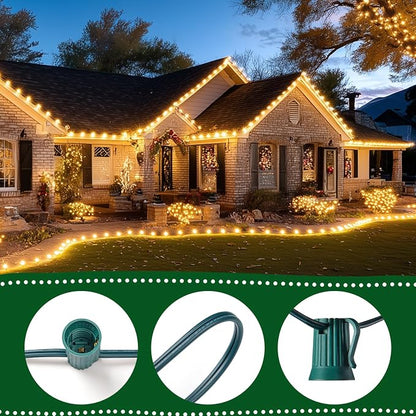 C9 Clear Christmas String Light Set, 100 Feet Vintage Christmas Tree Lights, Outdoor Roofline String Lights with 100 Clear Bulbs for Patio Garden Holiday Indoor Wedding Home Decorating, Green Wire