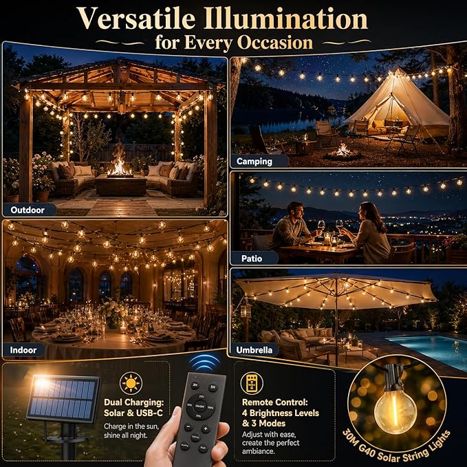 100FT Solar String Lights Outdoor Waterproof, G40 Patio Lights Shatterproof Bulbs with Remote Control, Dimmable Timer 3 Lighting Modes for Porch, Yard, Backyard, Garden, Camping Decor