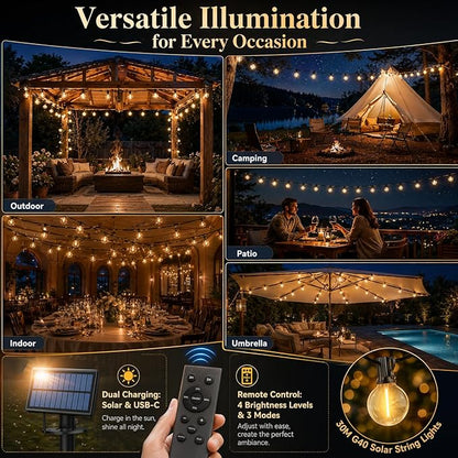 100FT Solar String Lights Outdoor Waterproof, G40 Patio Lights Shatterproof Bulbs with Remote Control, Dimmable Timer 3 Lighting Modes for Porch, Yard, Backyard, Garden, Camping Decor