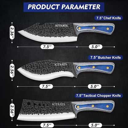 KITNATS 3Pcs Kitchen Knife Set, Hand Forged Butcher Knives Set - Chef Knives & Butcher Knife &Tactical Chopper, Meat Cutting Cleaver for Home Camping BBQ Ideal Gifts