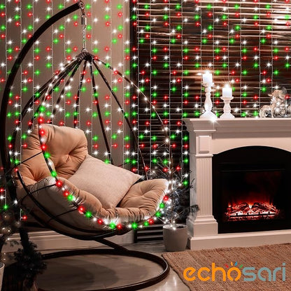 echosari Red White and Green Christmas Curtain Lights Battery Operated | 300 LED Curtain Lights 9.8Ft x 9.8Ft Hanging Lights with Remote Timer for Party Holiday Garden Yard Decor