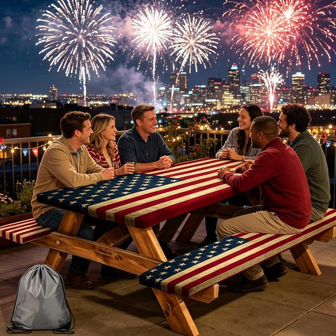 Picnic Table Cover with Bench Covers 4th of July Independence Day Tablecloth Camping Essentials Rv Travel Gear Must Haves Accessories Fitted Table Cloth Outdoor Camper Gifts American Flag, 30X60 Inch