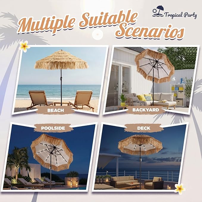 CroBlissful 6 ft Solar Tiki Umbrella with 32 LED Lights, Hula Thatched Patio Umbrella, UPF 50+, Hawaiian Style Beach Umbrellas for Garden, Beach, Pool, and Backyard