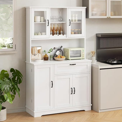 Shintenchi Kitchen Pantry Storage Cabinet, Freestanding Buffet Cabinet with Microwave Stand & 3 Door Shelves, Kitchen Hutch with Doors, Adjustable Shelves and Wine Rack, White