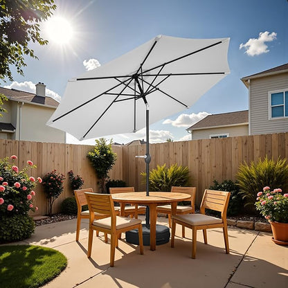 Greesum Outdoor Patio Umbrella with Base, Table Umbrella with 8 Sturdy Ribs, Push Button Tilt and Crank, Market Table Parasol for Garden, Lawn, Backyard & Pool, White