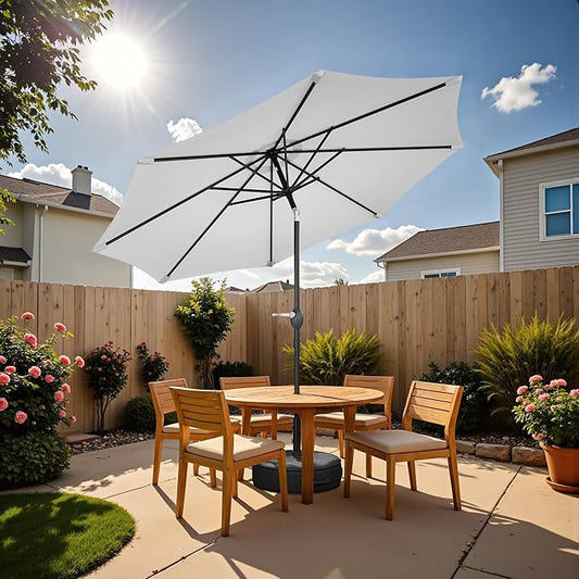 Greesum Outdoor Patio Umbrella with Base, Table Umbrella with 8 Sturdy Ribs, Push Button Tilt and Crank, Market Table Parasol for Garden, Lawn, Backyard & Pool, White