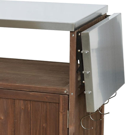 Christopher Knight Home Edsel Outdoor Bar Cart with Stainless Steel Top and Lockable Wheels, Solid Wood Outdoor Storage Cabinet, Kitchen Island Serving Cart for Poolside, Garden, Brown+Silver