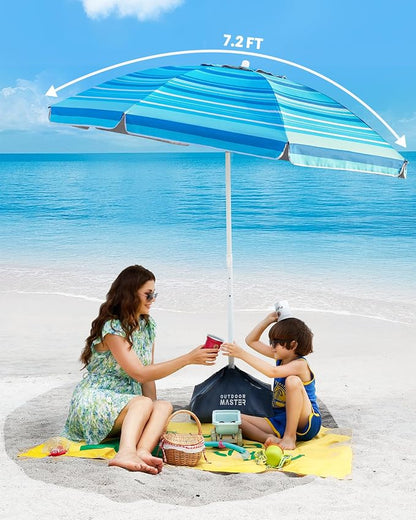 OutdoorMaster 7.2ft Beach Umbrellas for Sand with Sandbag & Anchor | 7.2ft Adjustable Umbrella for Beach, Wind Resistant, Portable UPF50+ Sunshade with Carry Bag for Patio