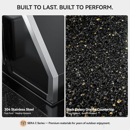 SERA C 4-Burner Natural Gas Outdoor Kitchen with Sink Black | Black 304 stainless steel, 75300 BTU + side burner, pull-out sink, soft-close, locking caster, compact patio balcony backyard