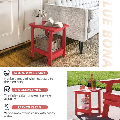 LUE BONA Outdoor Side Table, 2-Tier HDPS Small Patio Table, Bright Red | 2-Tier Shelf for Extra Storage, Small End Table for Pool, Porch, Balcony, Weather Resistant HDPS, Easy Clean