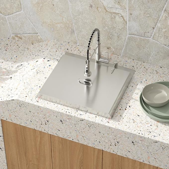 21 Inch Outdoor Kitchen Sink with Faucet - 21x20 Drop In Workstation 16 Gauge Stainless Steel Single Bowl Topmount Outdoor Wet Bar Sink with Stainless Steel Dust-Proof Cover #TLT-0068