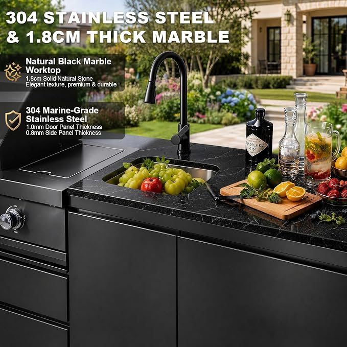 104"4-Burner Modular Outdoor Kitchen Island, 72000 BTU Propane Gas Grill | 4 Burners & Side Stove, Rear Infrared, Marble Countertop, Fridge, 360° Pull-Out Faucet, Sink, Warming Rack, Storage Cabinet