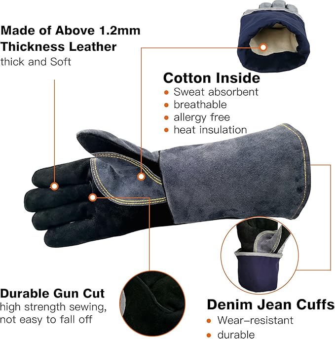 WZQH 14 Inches,932℉,Leather Welding Gloves small, Heat/Fire Resistant,Small Mitts for BBQ,Oven,Grill,Fireplace,Tig,Mig,Forge,Baking,Furnace,Stove,Pot Holder,Animal Handling Glove.S Black-gray