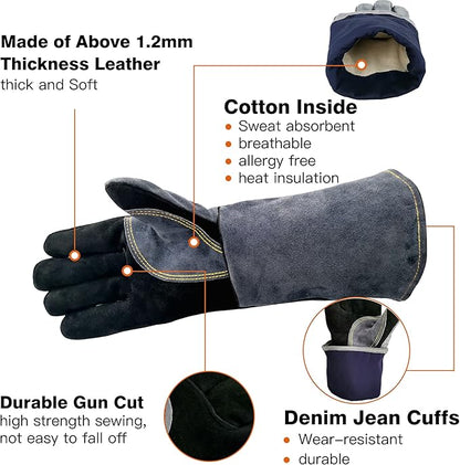 WZQH 16 Inches,932℉,Leather Welding Gloves extra Large, Heat/Fire Resistant,Mitts for BBQ,Oven,Grill,Fireplace,Tig,Mig,Forge,Baking,Furnace,Stove,Pot Holder,Animal Handling Glove. XL, Black-gray