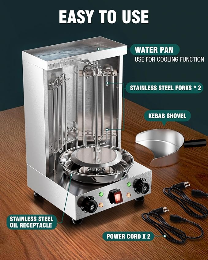 WantJoin Shawarma Grill Machine - 22 LBS Capacity Electric Shawarma Machine w/ 2 Burners, 122°F to 572°F Temp For Chicken, Beef, Gyro Meat, Stainless Steel Gyro Machine For Commercial Use, 2520W