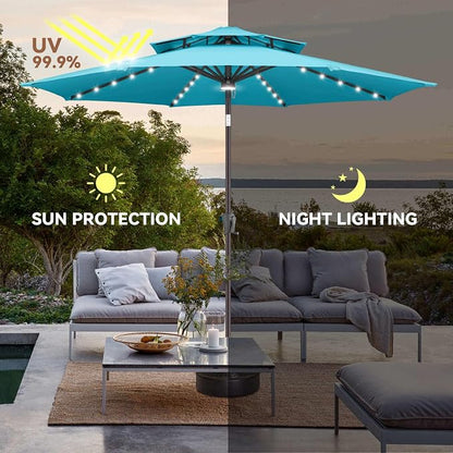 Solar Patio Umbrella Outdoor with Centre Light, 9 ft Aqua Blue | 2 Tiers, 40 LED Lights, UV Protection, Solar Outdoor Umbrella for Porch, Deck, Pool, Garden, Provides Evening Lighting