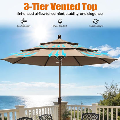 EliteShade USA 10-Year-Non-Fading 10ft 3-Tier Market Patio Umbrella, Commercial Grade Outdoor Table Umbrella with Crank Open, Windproof & UPF 50+ UV Protection, Heavy Duty Ventilation for Garden, Deck, Pool, Backyard, Beach & Bistro, No Tilt, Heather B...