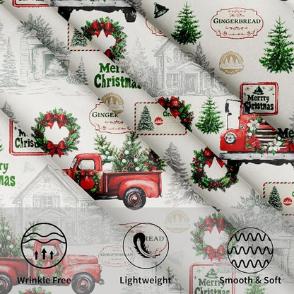 Xmas Red Truck Table Cloth Round Newbridge Green Xmas Pine Hill Tree Tablecloth 60 Inch Decor Washable Stain and Wrinkle Resistant Winter Round Table Cover for Dining Picnic