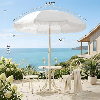 6.5FT Boho Patio Umberlla with Fringe,UPF50+ Outdoor Umbrella with Fiberglass Ribs and Push Button Tilt,Tassels Umbrella for Beach,Terrace,Picnic