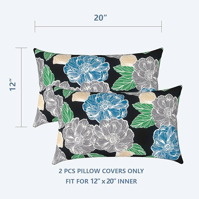 LVTXIII Outdoor/Indoor Lumbar Pillow Covers ONLY, Decorative Patio Lumbar Cushion Covers, Fluffy Water Repellent Garden Cushion Cases for Home Patio Coach Sofa Use, 12x20 Inch, Pack of 2, Peony Garden