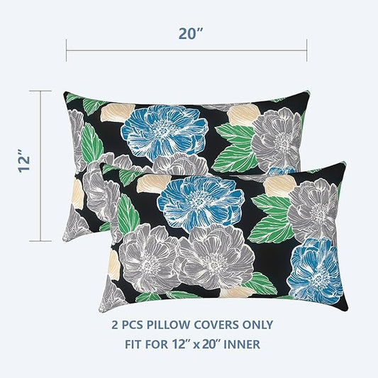 LVTXIII Outdoor/Indoor Lumbar Pillow Covers ONLY, Decorative Patio Lumbar Cushion Covers, Fluffy Water Repellent Garden Cushion Cases for Home Patio Coach Sofa Use, 12x20 Inch, Pack of 2, Peony Garden