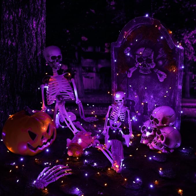 Lomotech Orange Purple Halloween Solar Lights, 2 Pack Total 66ft 200 LED | Solar Fairy Lights, Waterproof Outdoor Twinkle Lights with 8 Modes for Garden, Porch, Trees, Halloween Decor (Black Wire)