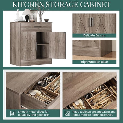 Shintenchi Farmhouse Storage Cabinets with Doors and Shelves,Kitchen Barn Door Storage Cabinet with Drawers,Coffee Bar Cabinet Buffest Sideboard for Dining Room,Living Room,Bathroom,Entryway,Ash Grey