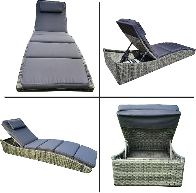 Foldable Outdoor Chaise Pool Lounge Chair Folding Wicker Rattan Sun Bed Patio Couch Reclining Lounger Adjustable Padded Backrest Pillow Assembled - Grey