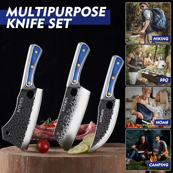KITNATS 3PCS Butcher Knife Set, Hand Forged kitchen Knife Set-Heavy Duty Bone Chopper & Meat Cleaver & Viking Chef Knife Set for Home, Outdoor Cooking, Camping BBQ