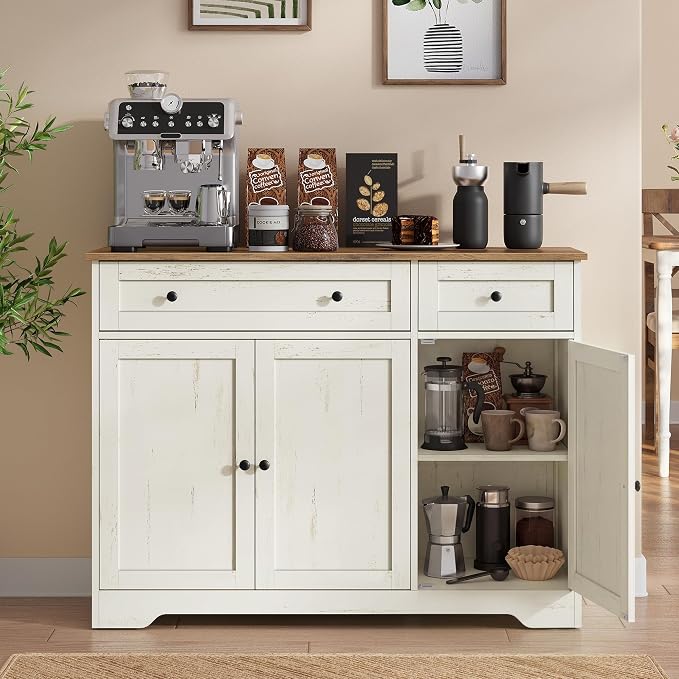 VASAGLE Siren Collection - Buffet Cabinet, Traditional Basic Coffee Bar Cabinet with 2 Drawers, Adjustable Shelves, 3 Doors, Sideboard, 42.1 x 15.8 x 31.8 Inches, Cloud White ULSC531WJ01S