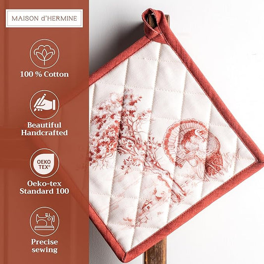 Maison d' Hermine Pot Holders Set 100% Cotton Heat Resistant Potholders 8" x 8" Hot Pads with Loop for Thanksgiving Christmas Decorations BBQ Baking Handling Hot Pans (Pack of 2, Holy Jouy - Red)
