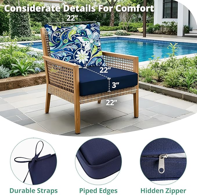 Outdoor Chair Cushion Patio Furniture Seat & Back Pillow 22 x 22 Inch Green | Rain-Proof Cover Removable Replacement with Ties for Wicker Sofa Couch Sunbrella Outside Floral