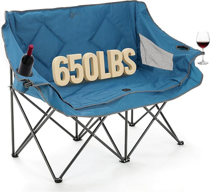 ARROWHEAD OUTDOOR Portable Folding Double Duo Camping Chair Loveseat | 2 Cup & Wine Glass Holder, Heavy-Duty Carrying Bag, Padded Seats & Armrests, Supports up to 500lbs, Beach, Tailgating, Patio