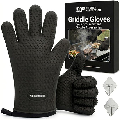 KITCHEN PERFECTION XL Silicone Oven & Griddle Gloves -Extreme Heat Resistant BBQ & Grilling Gloves -Handle Hot Food Right on Your Griddle |Waterproof Oven Mitts Grill Gloves |Superior Set+3 Bonuses