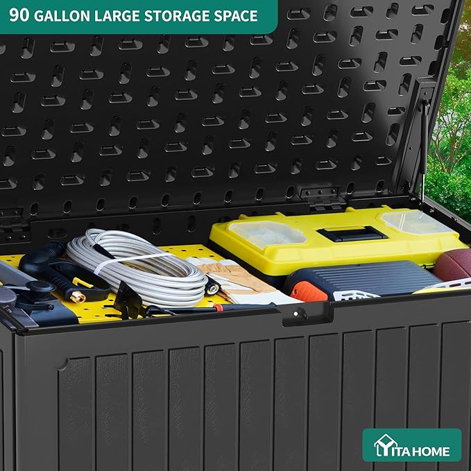 YITAHOME 90 Gallon Large Deck Box, Double-Wall Resin Outdoor Storage Boxes, Deck Storage for Patio Furniture, Cushions, Pool Float, Garden Tools, Lockable & Waterproof (Black)