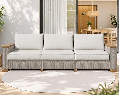 PaPaJet Outdoor Patio Sofa, 3 Seat Wicker Couch with Solid Armrests & Legs, 4.7" Thickened Removable Cushions, UV-Resistant Modular Sofa for Porch, Backyard, Garden