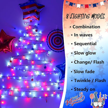 YEGUO Solar String Lights Outdoor Waterproof, 2 Packs Each 33ft 100 LED Red White Blue Lights, 8 Modes 4th of July Lights for Independence Memorial Day Decor