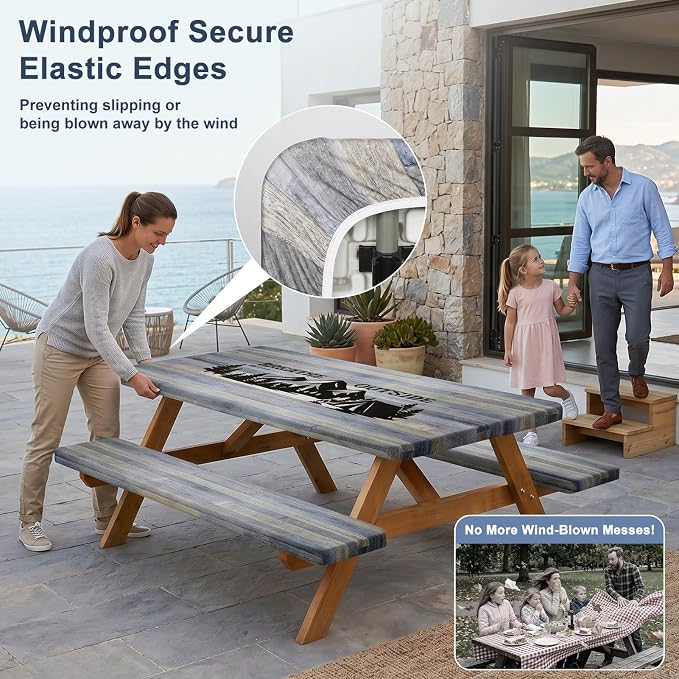 Picnic Table Cover with Bench Covers Windproof Waterproof Picnic Table Covers Camping Tablecloth with Self-Storage Bag, 72in, Gray Blue