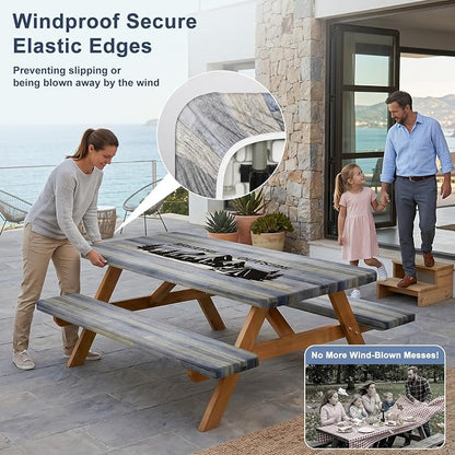 Picnic Table Cover with Bench Covers Windproof Waterproof Picnic Table Covers Camping Tablecloth with Self-Storage Bag, 72in, Gray Blue