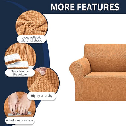 Cupuamon 2026 New Stretch Sofa Slipcovers Couch Cover for 3 Cushion Furniture Protector Sofa Covers with Elastic Bottom Jacquard Fabric Small Checks for Pets, Kids -Sofa, Golden