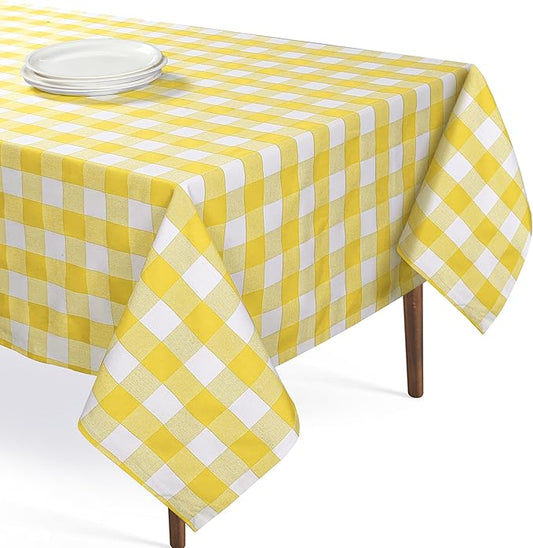 Lemon Yellow and White Buffalo Check Tablecloth, 60x102 Inches, Plaid Dining Table Cover, 100% Cotton, Washable, Reusable Table Linen for Holiday Gatherings, Wedding, Everyday Décor