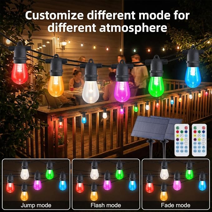 48FT Solar-Powered RGB Outdoor String Lights – Dimmable Waterproof Patio Lights with Remote Control for Garden, Backyard, and Deck