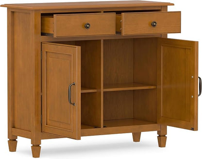 SIMPLIHOME Connaught 40" Solid Wood Cabinet in Light Golden Brown | Traditional slim entryway and living room organizer for hats, gloves, shoes and keys with space-saving storage design.