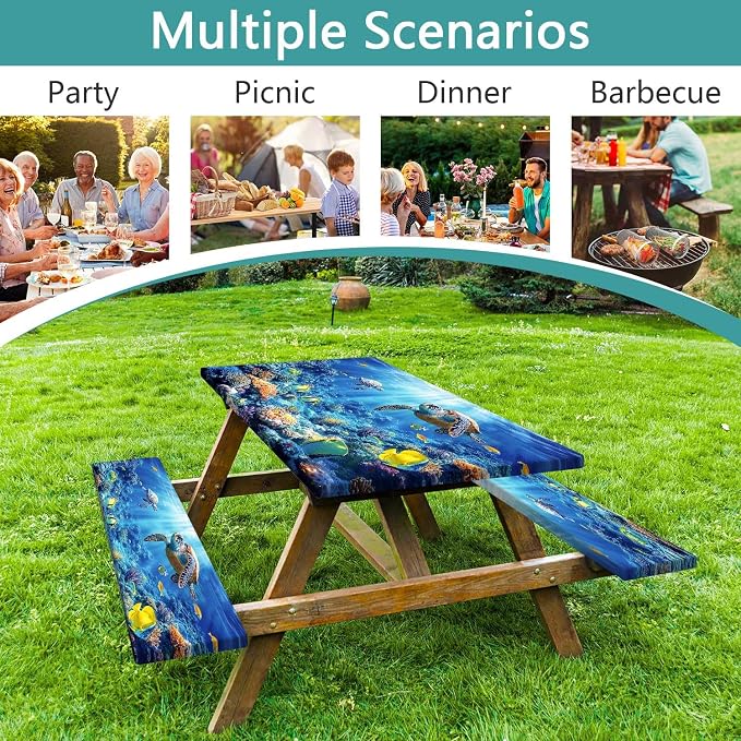 Picnic Table Cover with Bench Covers, Camping Essentials, Ocean Underwater World Table Cover, Fitted Camping Tablecloth Windproof Waterproof with Elastic Edge for Indoor Outdoor Patio 3PCS 30x72 Inch
