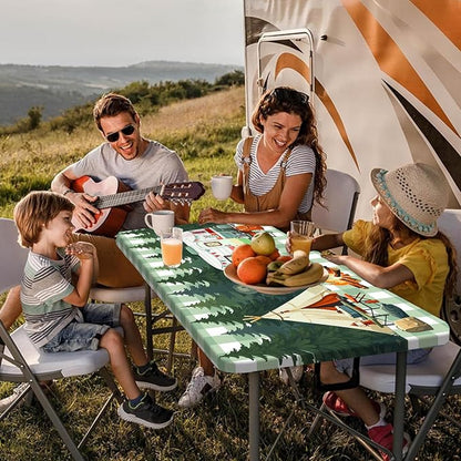 Picnic Table Cover with Bench Covers and Bag, Forest Rv Tent Campfire Checkered Camping Tablecloth Waterproof Windproof Oilproof Elastic Edges Fitted Tablecloths for Outdoor Garden 3PCS 30x72 Inch